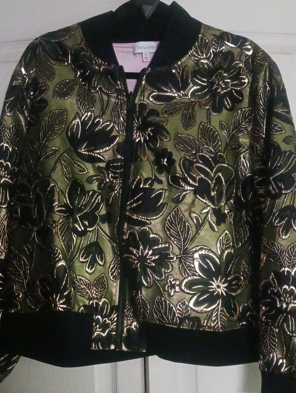 Metallic Olive Floral Bomber Jacket —